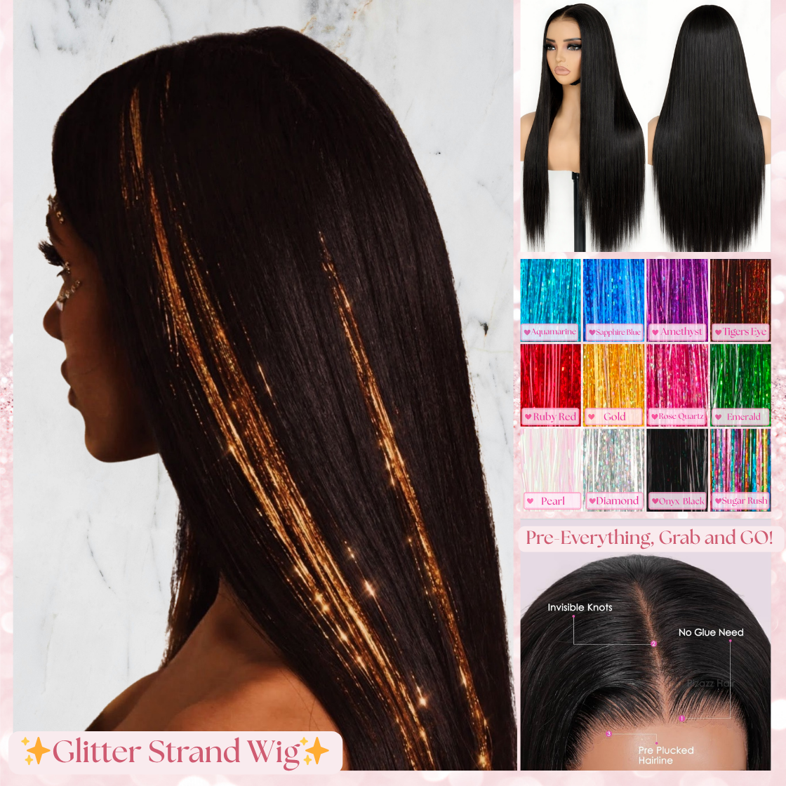 A Straight 13x6 Glueless 22inch Glitter Strand Wig Raw 100% Human Hair Transparent Lace Pre-Cut Pre-Plucked Natural Hairline Drawstring Natural Black, Burgundy Red, Blonde 613, Light Brown, Copper Ginger, Brown with Blonde Highlights Beginner Friendly Wig