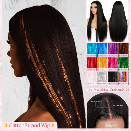 A Straight 9x6 Glueless 22inch HD Lace Glitter Tinsel Wig Natural Black Pre-Everyting Natural Hairline Drawstring Band Burgundy Red, Blonde 613, Light Brown, Copper Ginger, Brown with Blonde Highlights