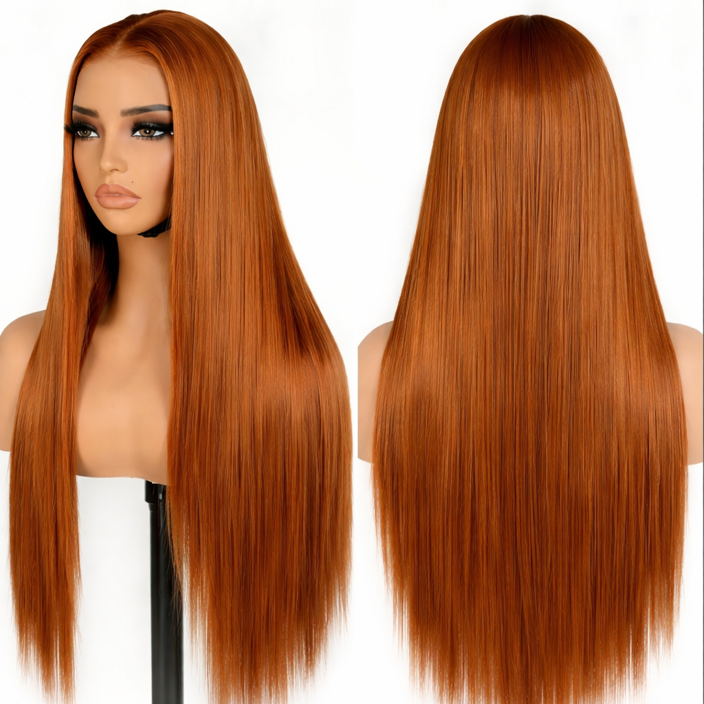 A Straight 13x6 Glueless 22inch Wig Raw 100% Human Hair Copper Ginger Transparent Lace Pre-Cut Pre-plucked Natural Hairline Adjustable Drawstring Throw On And Go Beginner Friendly Wig