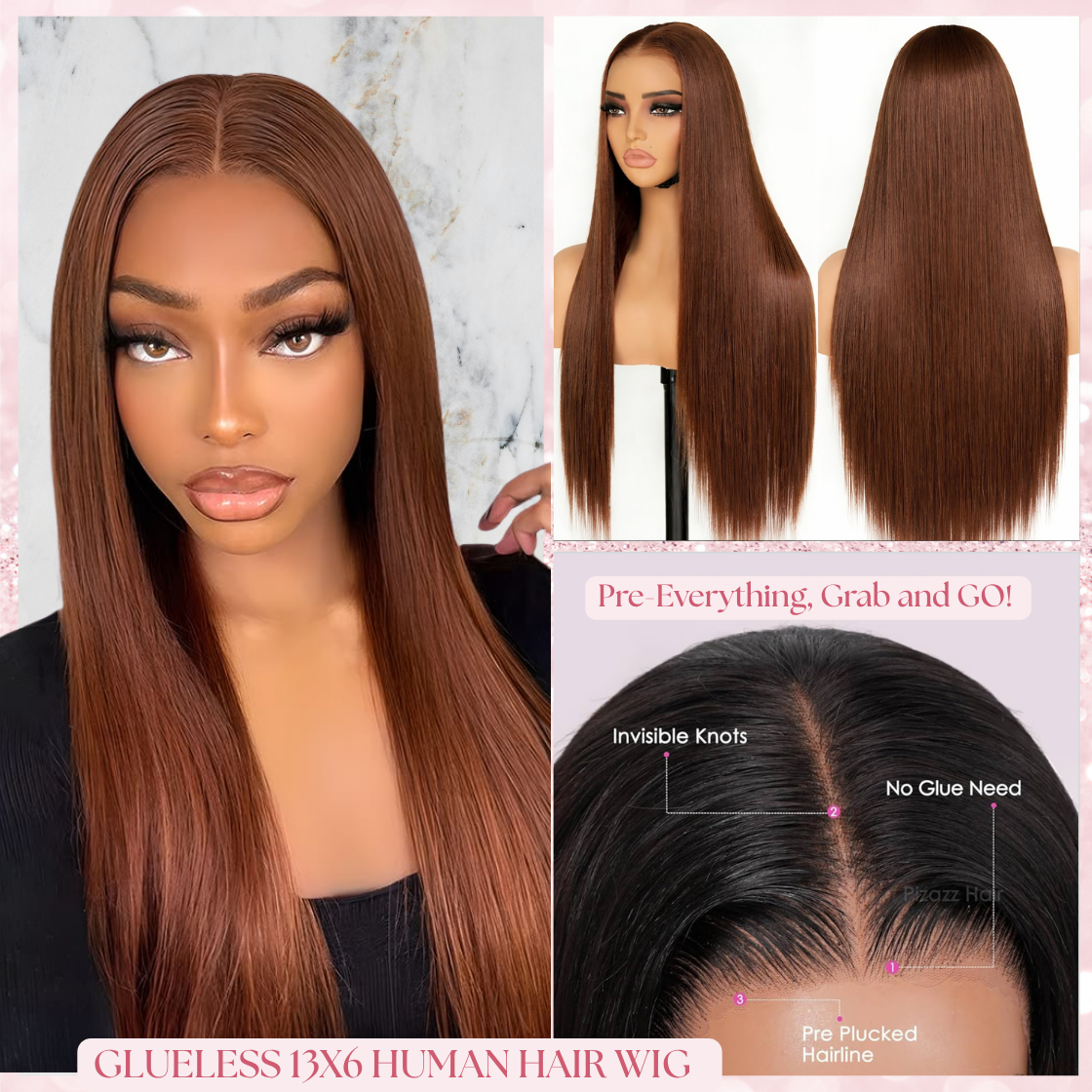 A Straight 13x6 Glueless 22inch Wig Raw 100% Human Hair Chocolate Brown Transparent Lace Pre-Cut Pre-Plucked Natural Hairline Adjustable Drawstring Throw On And Go Beginner Friendly Wig