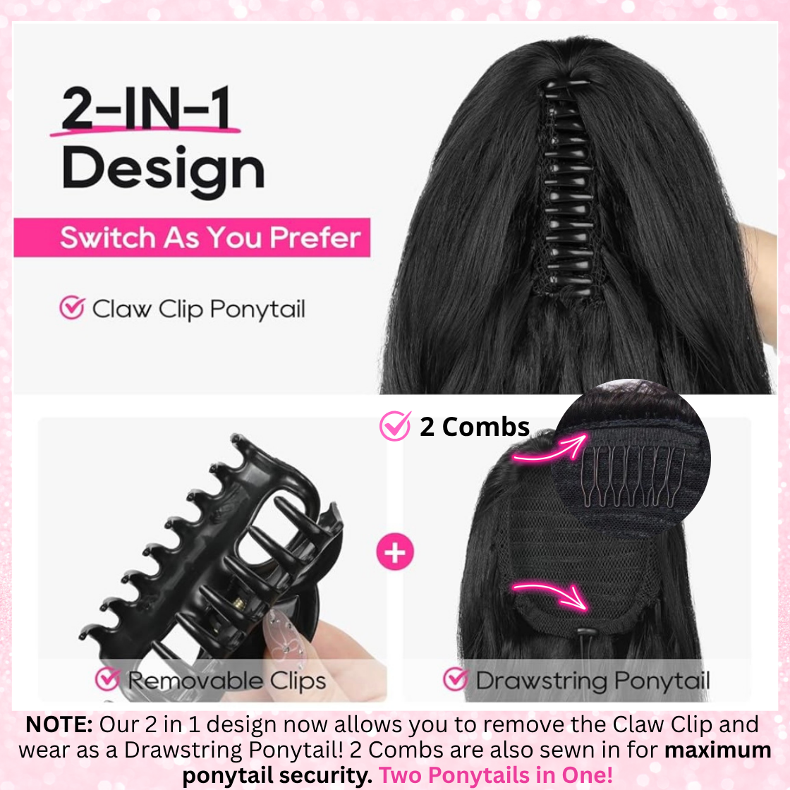 Body Wave Synthetic 2 in 1 Claw Clip Drawstring Ponytail Natural Black
