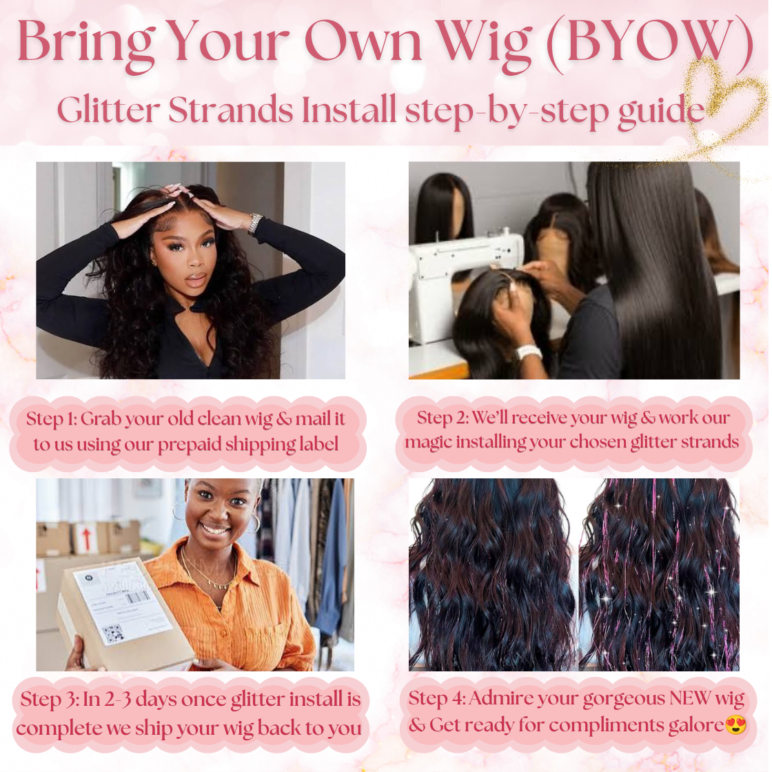(BYOW) Bring Your Own Wig Glitter Strand Install + Refresh Service, Glitter Tinsel Install for Wigs + Touch-Up Service