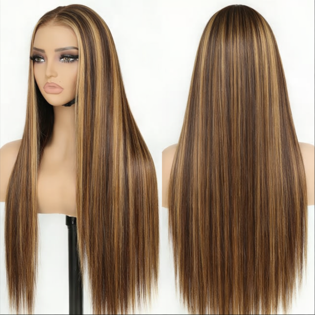 A Straight 13x6 Glueless 22inch Wig Raw 100% Human Hair Brown with Blonde Highlights Transparent Lace Pre-Cut Pre-Plucked Natural Hairline Adjustable Drawstring Throw On And Go Beginner Friendly Wig