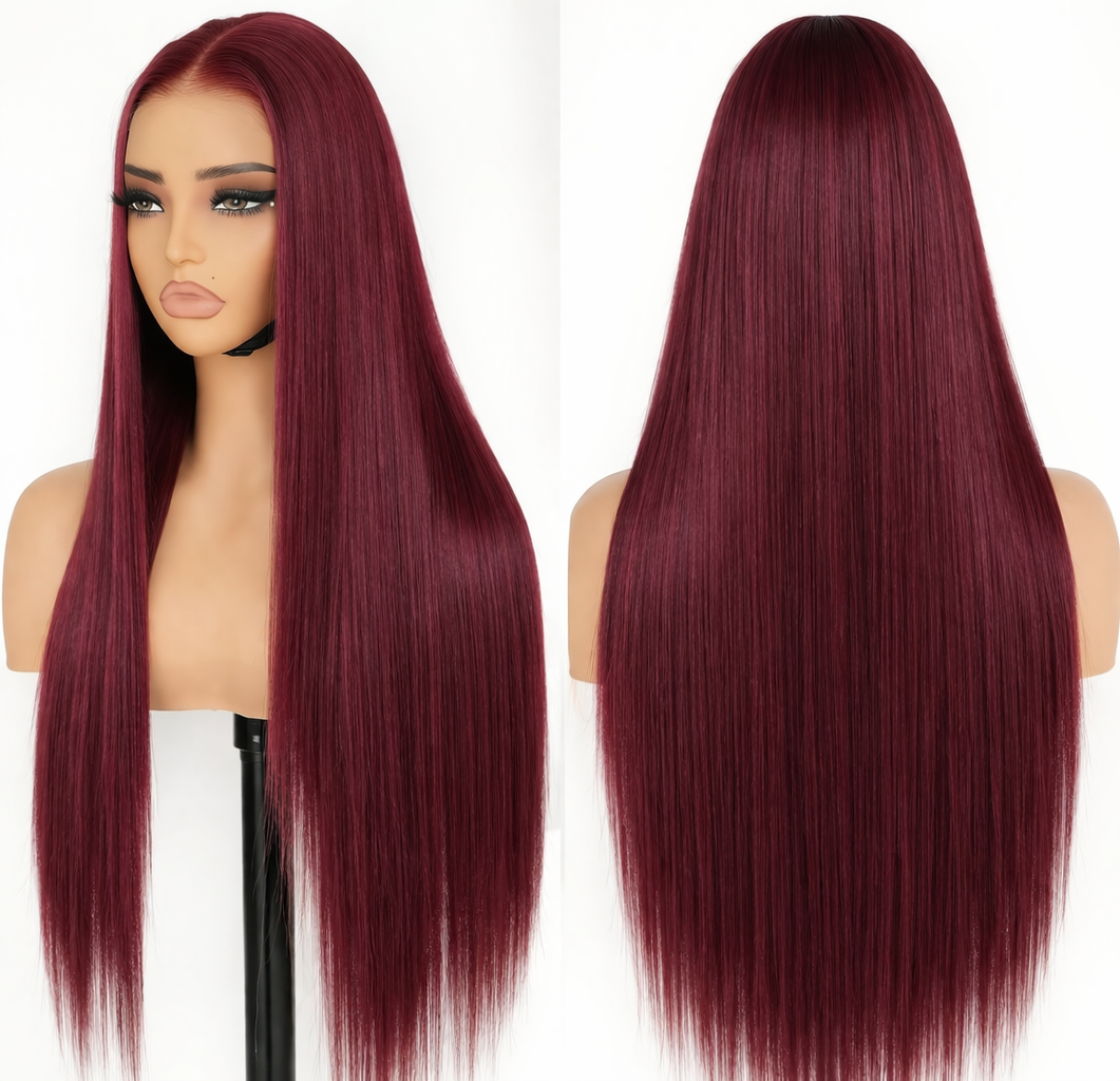 A Straight 13x6 Glueless 22inch Wig Raw 100% Human Hair Burgundy Red Transparent Lace Pre-Cut Pre-Plucked Natural Hairline Adjustable Drawstring Throw On And Go Beginner Friendly Wig