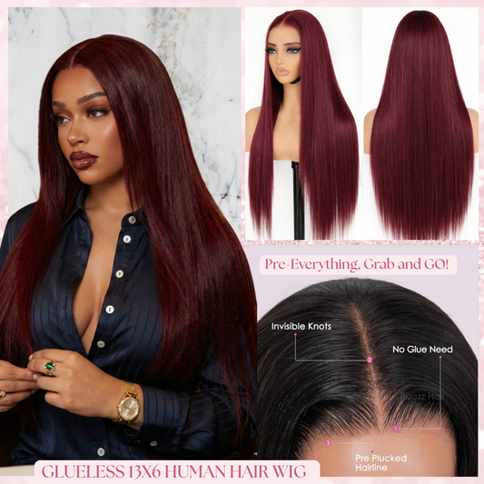 A Straight 13x6 Glueless 22inch Transparent Lace Wig Raw 100% Human Hair Burgundy Red Pre-Everyting Pre-Plucked Natural Hairline Drawstring Band Throw On And Go Beginner Friendly Wig