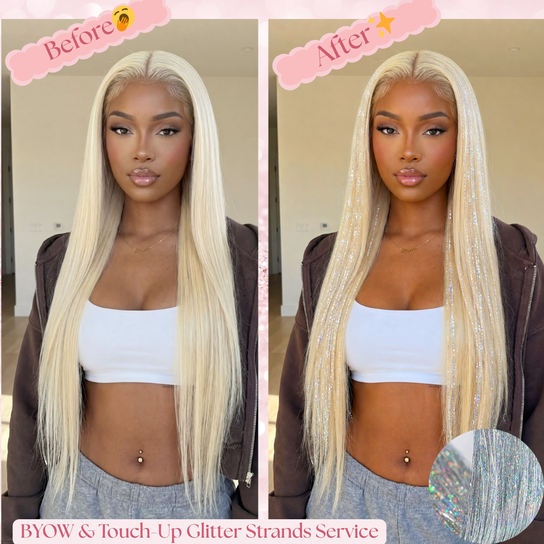 (BYOW) Bring Your Own Wig Glitter Strand Install + Refresh Service, Glitter Tinsel Install for Wigs + Touch-Up Service