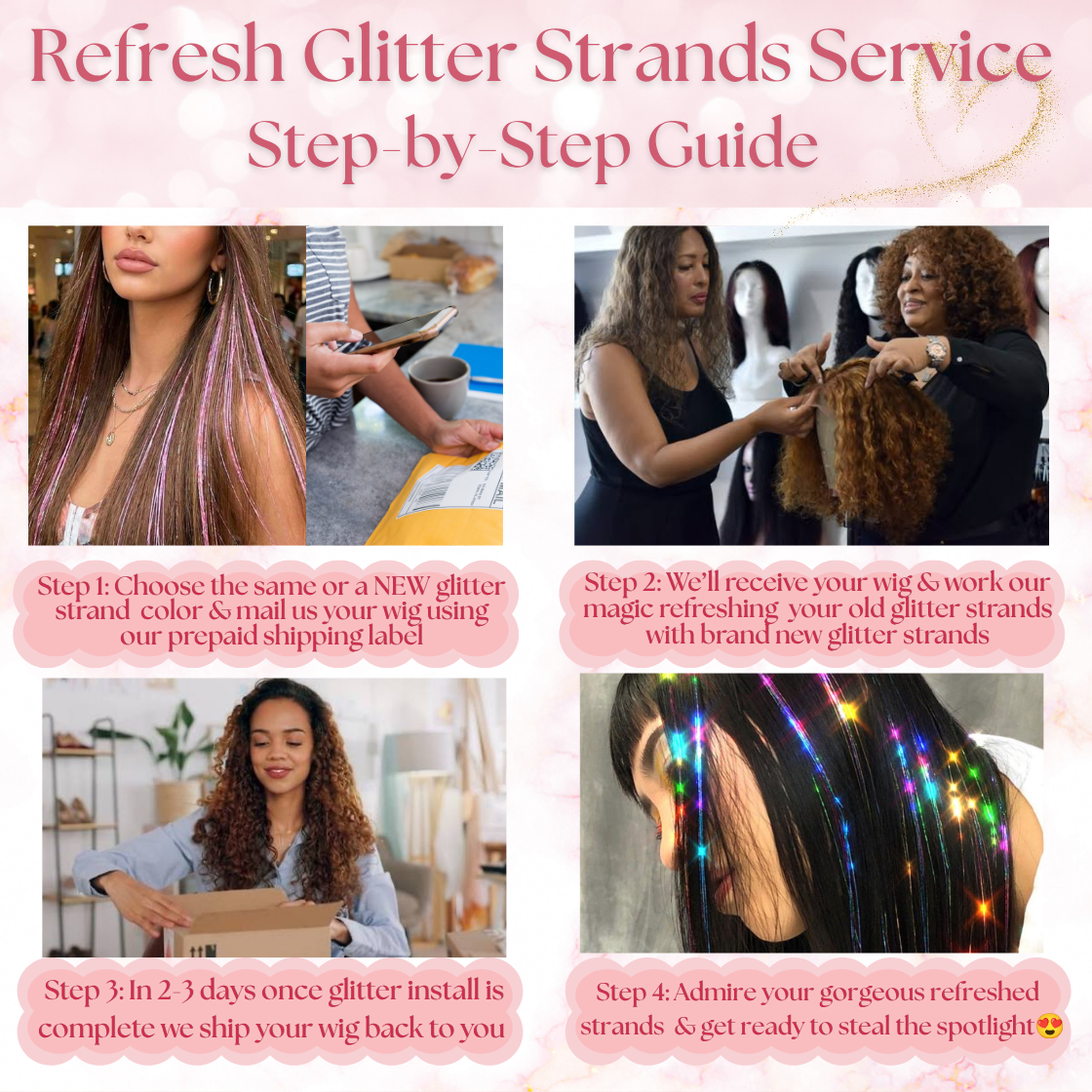 (BYOW) Bring Your Own Wig Glitter Strand Install + Refresh Service, Glitter Tinsel Install for Wigs + Touch-Up Service