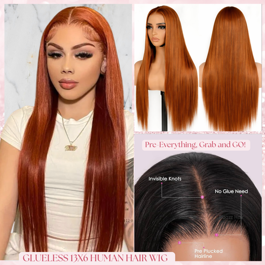 A Straight 13x6 Glueless 22inch Transparent Lace Wig Raw 100% Human Hair Copper Ginger Pre-Everyting Pre-plucked Natural Hairline Drawstring Band Throw On And Go Beginner Friendly Wig