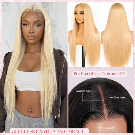 A Straight 13x6 Glueless 22inch Transparent Lace Wig Raw 100% Human Hair Blonde 613 Pre-Everyting Pre-Plucked Natural Hairline Drawstring Band Throw On And Go Beginner Friendly Wig