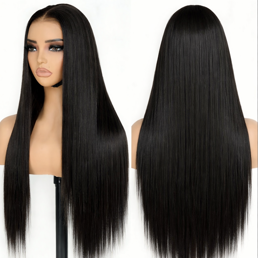 A Straight 13x6 Glueless 22inch Wig Raw 100% Human Hair Natural Black Transparent Lace Pre-Cut Pre-Plucked Natural Hairline Adjustable Drawstring Throw On And Go Beginner Friendly Wig