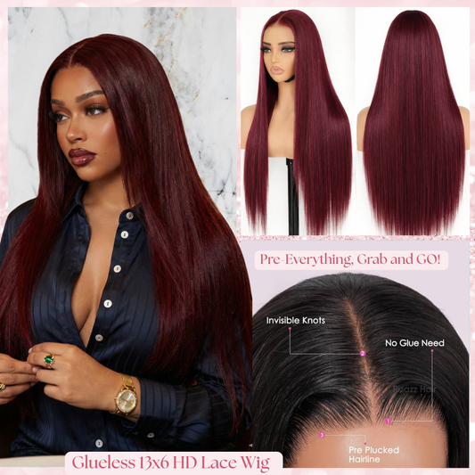 A Straight 9x6 Glueless 22inch HD Lace Wig Raw Human Hair Burgundy Red Pre-Everyting Natural Hairline Drawstring Band Throw On And Go Wig