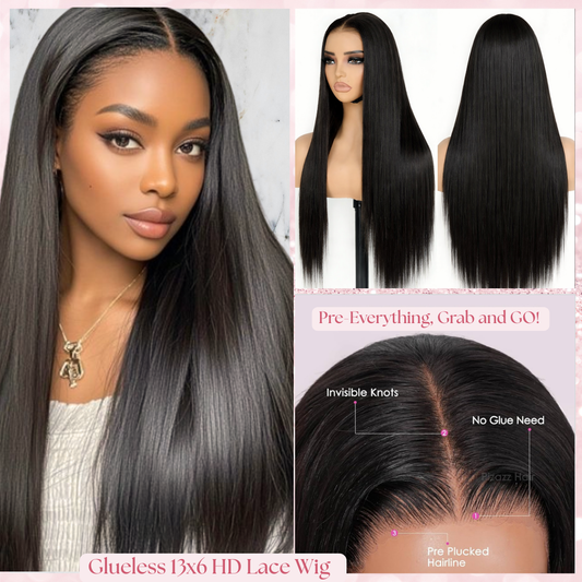 A Straight 13x6 Glueless 22inch HD Lace Wig Raw Human Hair Natural Black Pre-Everyting Natural Hairline Drawstring Band Throw On And Go Wig