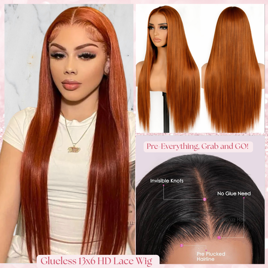 A Straight 9x6 Glueless 22inch HD Lace Wig Raw Human Hair Copper Ginger Pre-Everyting Natural Hairline Drawstring Band Throw On And Go Wig