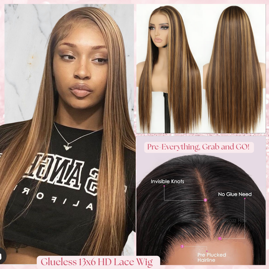 A Straight 9x6 Glueless 22inch HD Lace Wig Raw Human Hair Brown with Blonde Highlights Pre-Everyting Natural Hairline Drawstring Band Throw On And Go Wig