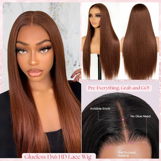 A Straight 9x6 Glueless 22inch HD Lace Wig Raw Human Hair Light Brown Pre-Everyting Natural Hairline Drawstring Band Throw On And Go Wig